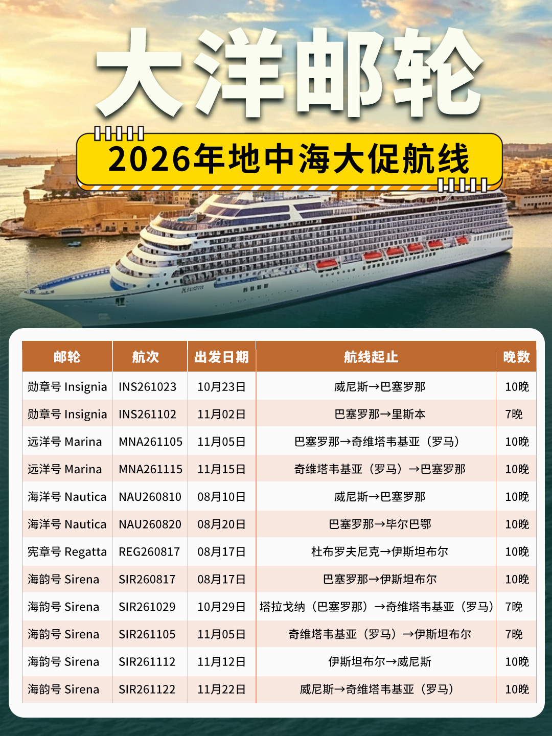 大洋邮轮2026地中海航线